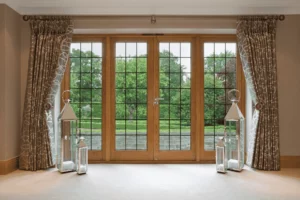 Wooden finish French doors looking our to a garden