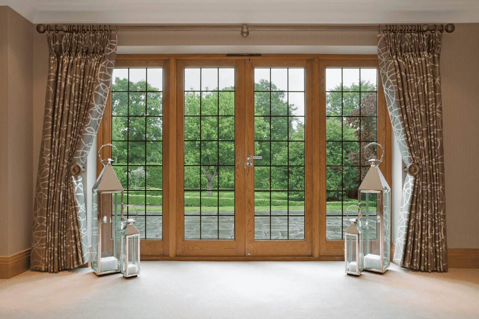 Wooden finish French doors looking our to a garden